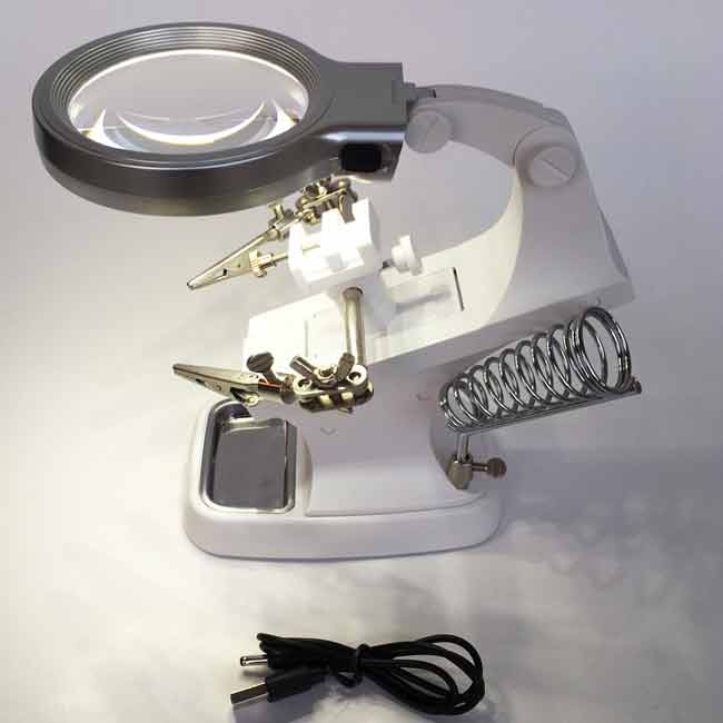 3x. Soldering Assembly Magnifier, LED Double Helping Hands Magnifier, Battery & USB Powered